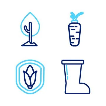 Set line Waterproof rubber boot, Shield corn, Carrot and Tree icon. Vector Stock Illustration