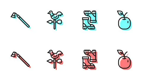 Set line Waterproof rubber boot, Garden hoe, Rooster weather vane and Apple.. Stock Illustration