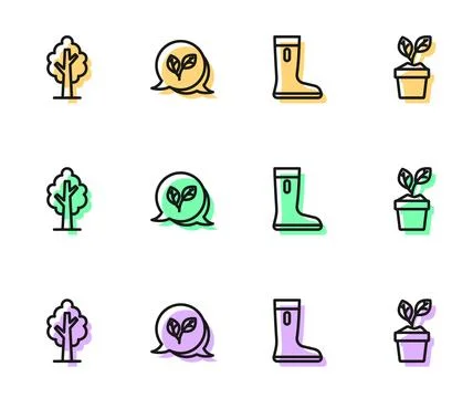 Set line Waterproof rubber boot, Tree, Leaf and Plant in pot icon. Vector Stock Illustration