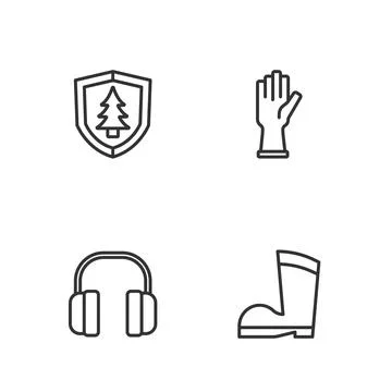 Set line Waterproof rubber boot, Headphones, Shield with tree and Protectiv.. Stock Illustration