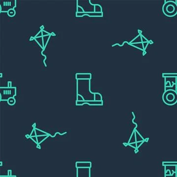 Set line Waterproof rubber boot, Kite and Tractor on seamless pattern. Vector Stock Illustration