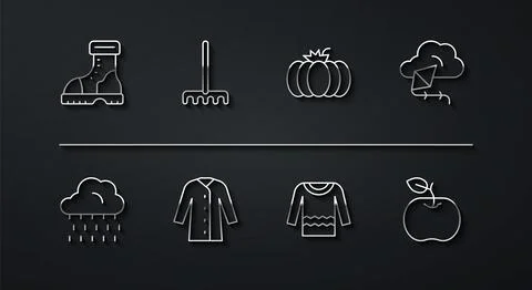 Set line Waterproof rubber boot, Cloud with rain, Kite, Sweater, Raincoat, .. Stock Illustration