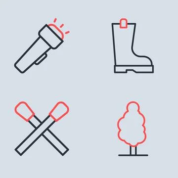 Set line Waterproof rubber boot, Burning match with fire, Tree and Flashlig.. Stock Illustration