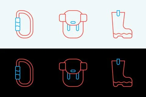 Set line Waterproof rubber boot, Carabiner and Hiking backpack icon. Vector Stock Illustration