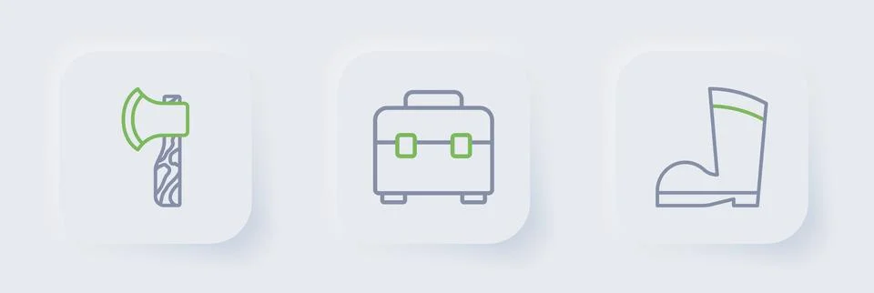 Set line Waterproof rubber boot, Toolbox and Wooden axe icon. Vector Stock Illustration