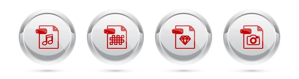 Set line WAV file document, PNG, RUBY and RAW. Silver circle button. Vector Stock Illustration
