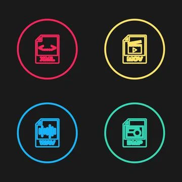 Set line WAV file document, BMP, MOV and XML icon. Vector Stockillustratie