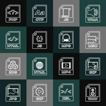 Set line WAV file document, GIF, M3U, JS, HTML, PHP and MP3 icon. Vector イラスト素材