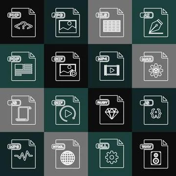Set line WAV file document, JS, MAX, XLS, GIF, PDF, PHP and MP4 icon. Vector Stockillustratie