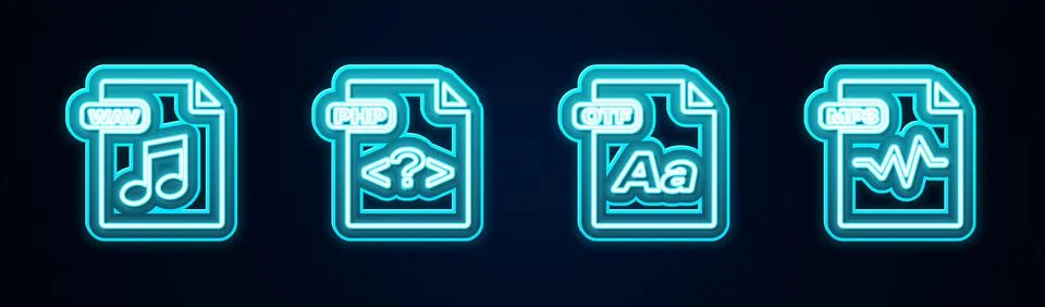 Set line WAV file document, PHP, OTF and MP3. Glowing neon icon. Vector Stock Illustration
