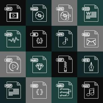 Set line WAV file document, EPS, EML, MP3, JS, MP4 and icon. Vector Stock Illustration