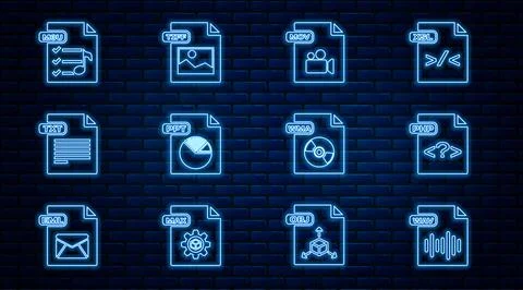 Set line WAV file document, PHP, MOV, PPT, TXT, M3U, WMA and TIFF icon. Vector Stock Illustration