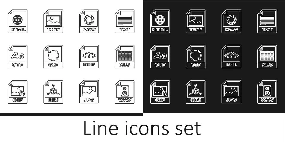 Set line WAV file document, XLS, RAW, GIF, OTF, HTML, PHP and TIFF icon. Vector 스톡 일러스트