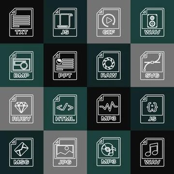 Set line WAV file document, JS, SVG, GIF, PPT, BMP, TXT and RAW icon. Vector Stock Illustration