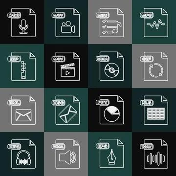 Set line WAV file document, XLS, GIF, M3U, MOV, ZIP, OGG and WMA icon. Vector 库存插图