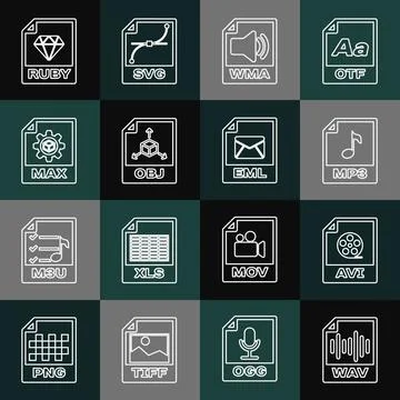 Set line WAV file document, AVI, MP3, WMA, OBJ, MAX, RUBY and EML icon. Vector Illustrazione stock