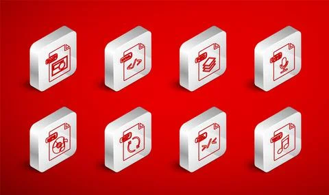 Set line WAV file document, HTML, PSD, OGG, XSL, BMP, GIF and MP3 icon. Vector 库存插图