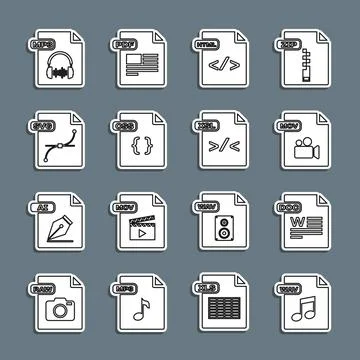 Set line WAV file document, DOC, MOV, HTML, CSS, SVG, MP3 and XSL icon. Vector Stock Illustration