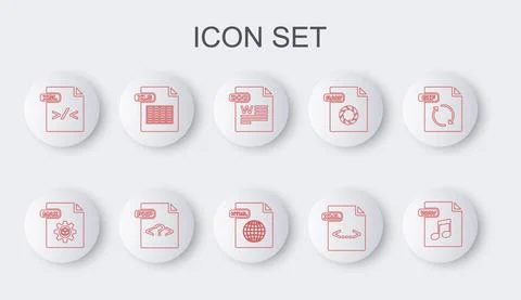 Set line WAV file document, MAX, DOC, XML, XSL, XLS, PHP and HTML icon. Vector Stock Illustration