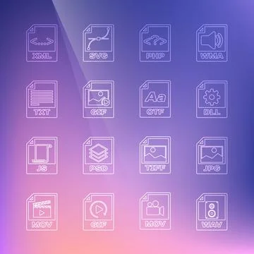 Set line WAV file document, JPG, DLL, PHP, GIF, TXT, XML and OTF icon. Vector Illustrazione stock