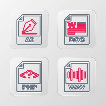 Set line WAV file document, PHP, DOC and AI icon. Vector Illustration