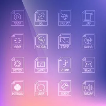 Set line WAV file document, EML, MP3, RUBY, WMA, CSS, GIF and TIFF icon. Vector Stock Illustration
