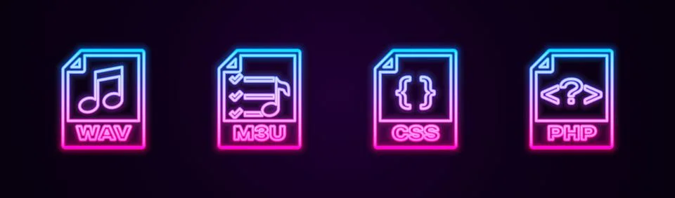 Set line WAV file document, M3U, CSS and PHP. Glowing neon icon. Vector イラスト素材