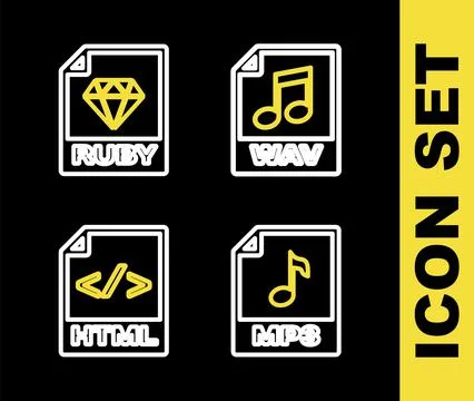 Set line WAV file document, MP3, HTML and RUBY icon. Vector Illustrazione stock