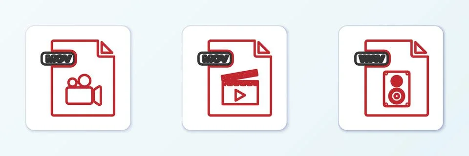 Set line WAV file document, MOV and icon. Vector Illustrazione stock