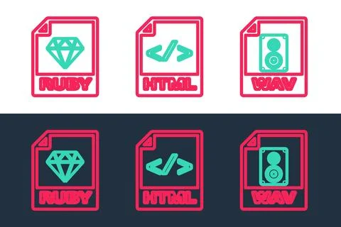 Set line WAV file document, RUBY and HTML icon. Vector 스톡 일러스트