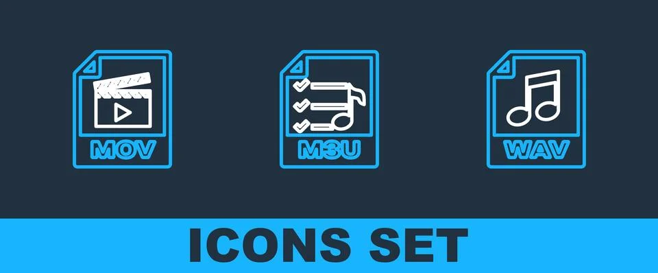 Set line WAV file document, MOV and M3U icon. Vector イラスト素材