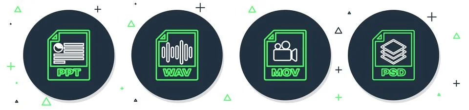 Set line WAV file document, MOV, PPT and PSD icon. Vector Illustrazione stock