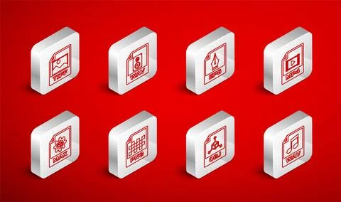 Set line WAV file document, EPS, MP4, OBJ, TIFF, PNG and MAX icon. Vector Stock Illustration