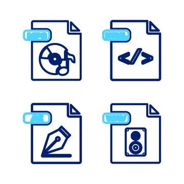 Set line WAV file document, AI, HTML and MP3 icon. Vector Illustrazione stock