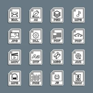 Set line WAV file document, AVI, PHP, PSD, DLL, JPG, EML and PDF icon. Vector Illustrazione stock