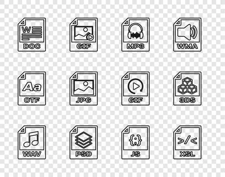 Set line WAV file document, XSL, MP3, PSD, DOC, JPG, JS and 3DS icon. Vector 库存插图