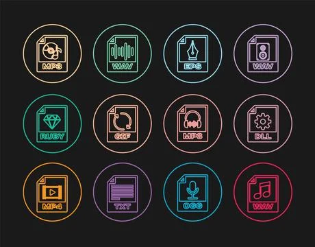 Set line WAV file document, DLL, EPS, GIF, RUBY, MP3,  and  icon. Vector Stock Illustration