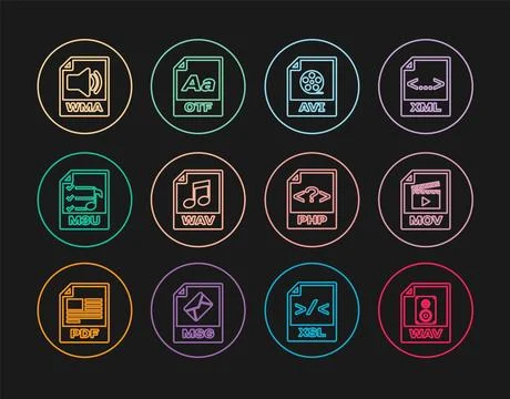 Set line WAV file document, MOV, AVI, M3U, WMA, PHP and OTF icon. Vector Illustrazione stock
