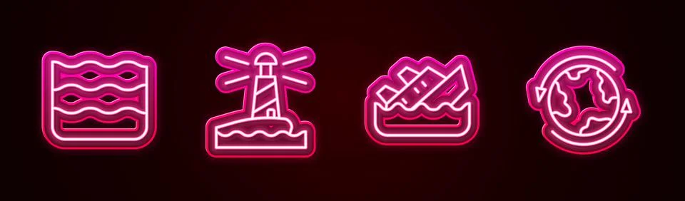 Set line Wave, Lighthouse, Sinking cruise ship and Worldwide. Glowing neon icon Ilustración de archivo