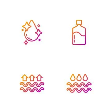Set line Wave with water drop, Waves of and evaporation, Water and Big bottle Illustrazione stock