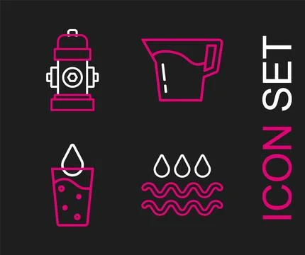 Set line Wave with water drop, Glass, Jug glass and Fire hydrant icon. Vector Stock Illustration