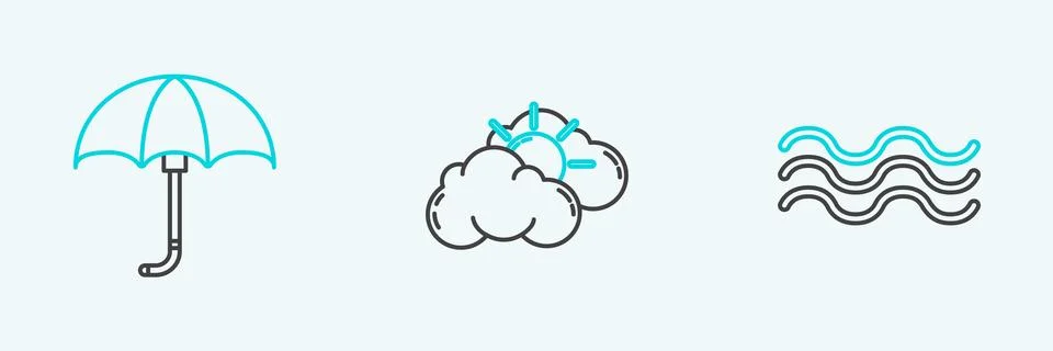 Set line Waves, Classic elegant opened umbrella and Sun and cloud weather i.. 库存插图