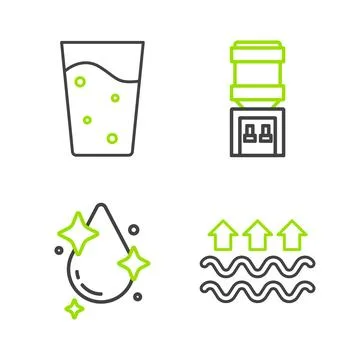 Set line Waves of water and evaporation, Water drop, cooler and Glass with icon Illustrazione stock