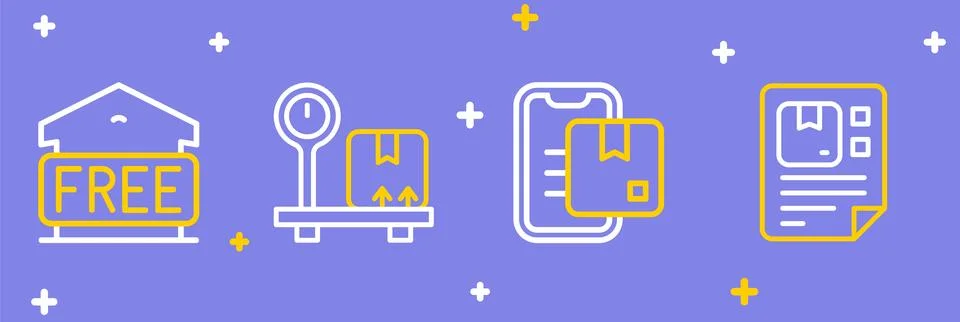 Set line Waybill, Document tracking marker, Scale with cardboard box and Fr.. Illustrazione stock