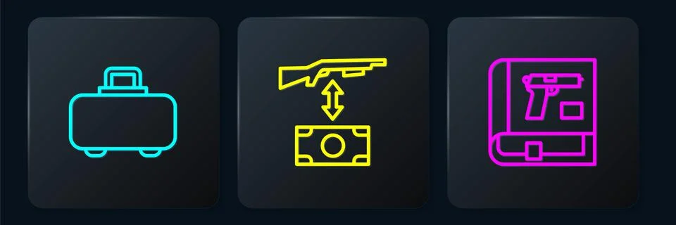 Set line Weapon case, Book with pistol or gun and Buying assault rifle. Black Stock-Illustration