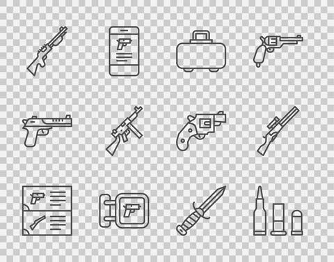 Set line Weapon catalog, Bullet, case, Hunting shop weapon, gun, Tommy, Military Stock-Illustration