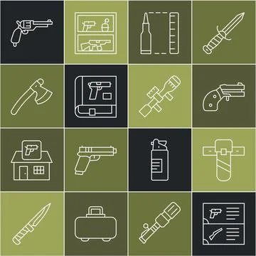 Set line Weapon catalog, Knife holster, Small gun revolver, Bullet, Book with Stock-Illustration