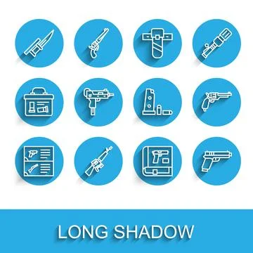 Set line Weapon catalog, M16A1 rifle, Bayonet, Book with pistol or gun, Pistol Stock-Illustration