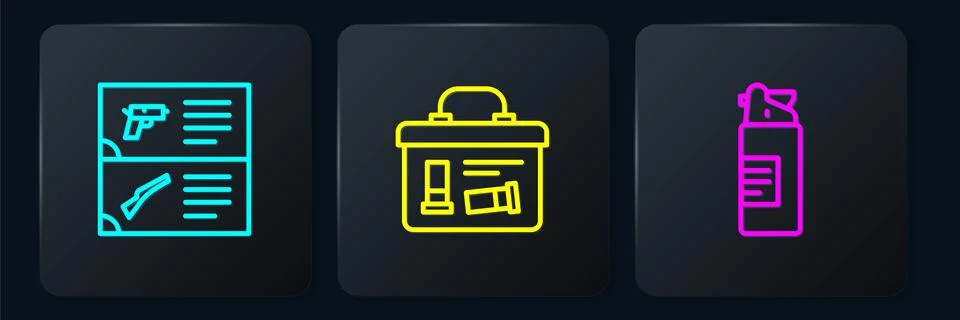 Set line Weapon catalog, Weapons oil bottle and Military ammunition box. Black Stock-Illustration