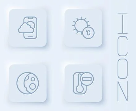 Set line Weather forecast app, Sun, Moon phases and Thermometer. White square Stock Illustration